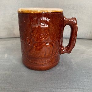 Antique pottery, brown, Burly, Winter Hart brand stoneware mug, windmill/man